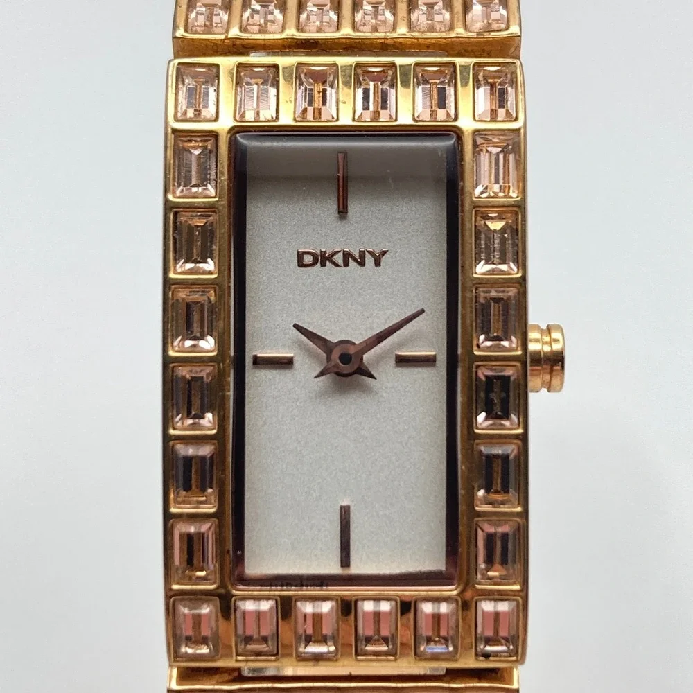 DKNY Women's Tank Watch 18mm Rose Gold Tone Champaign Crystals New Battery 7.25